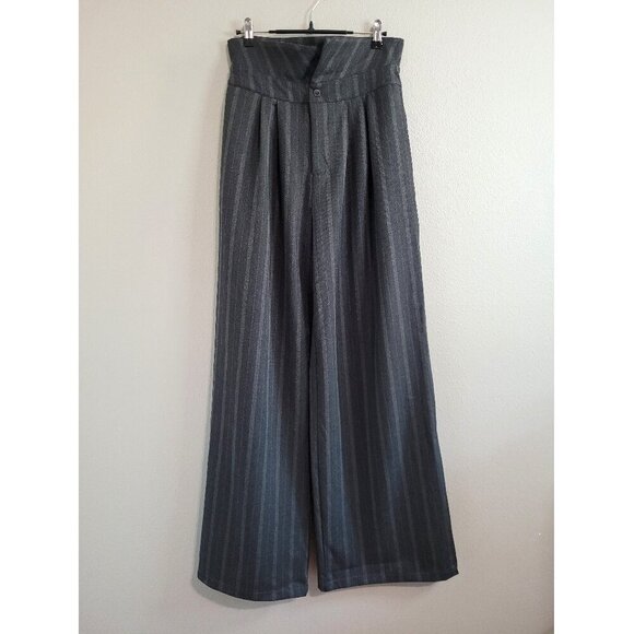 Cider Fold Over High Rise Wide Leg Striped Trousers / Pants with Pockets - Picture 3 of 11